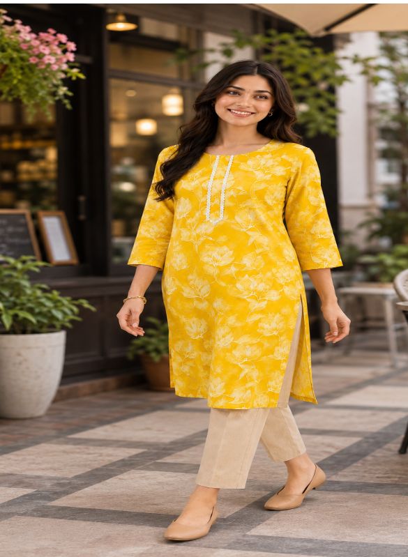 Women Rayon Floral Printed Straight Kurti | Yellow Kurti for Women | Casual Daily Wear Office Wear Ethnic Kurti | 3/4 Sleeve Round Neck